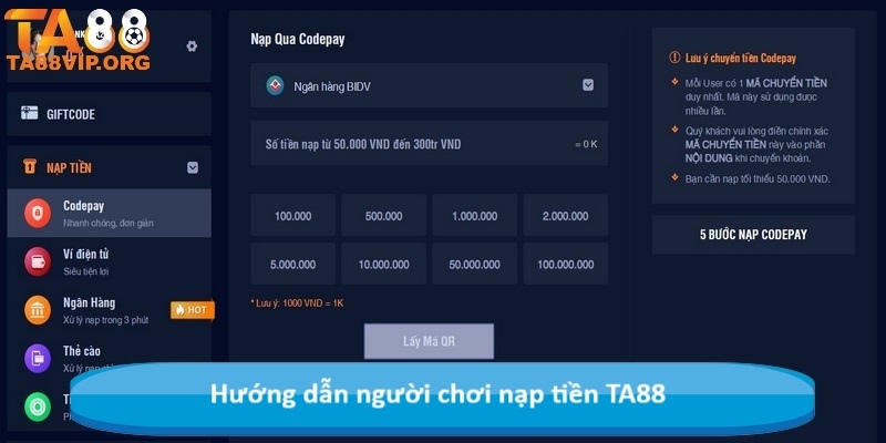 Hướng dẫn người chơi nạp tiền TA88